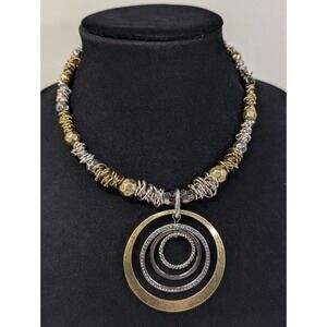 Necklace Choker Tri Metal, Silvertone, Copper,Brass Modern Abstract Circles  16"
